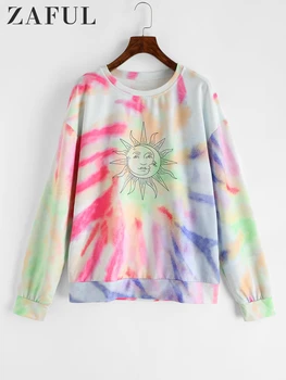 

ZAFUL Winter Women Graphic Sweatshirt Cute Cartoon Sun Tie Dye Print Women Hoodies Fashion Streetwear Female Pullover Coat