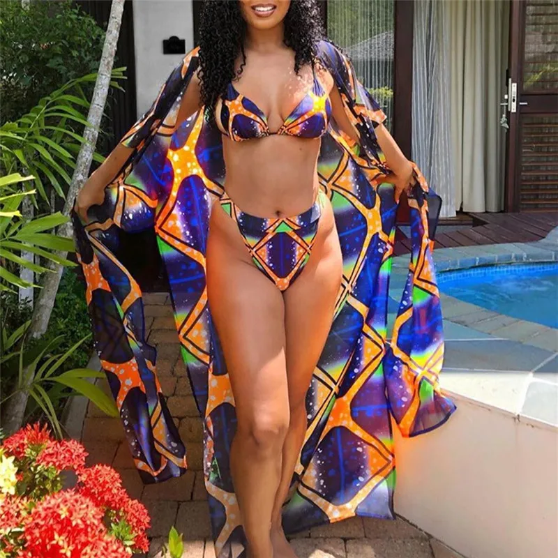 

Women Split Bikini Geometric 2020 Gradient Print High Waist Halter Swimsuit Swimwear Sexy Push Up African Biquini Plavky Tankini