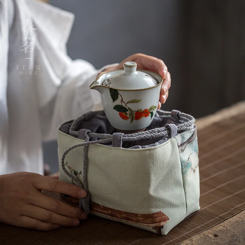 Vintage Persimmon Tea Cup Cloth Storage Bag Portable Printing Travel Kung Fu Tea Cozies Hand Bags Ceremony Accessories LA453