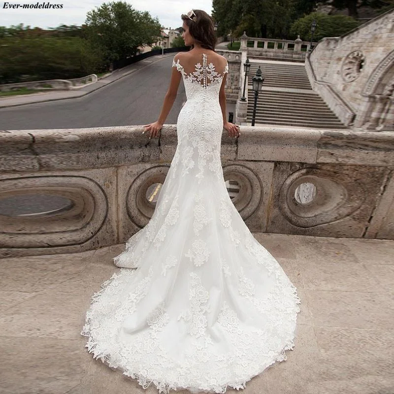 Vestido De Noiva Свадебные платья Русалочки кружевное, из легкой ткани, с аппликацией, с круглым вырезом, Кепки рукава плюс Размеры Свадебные платья Robe De Mariage