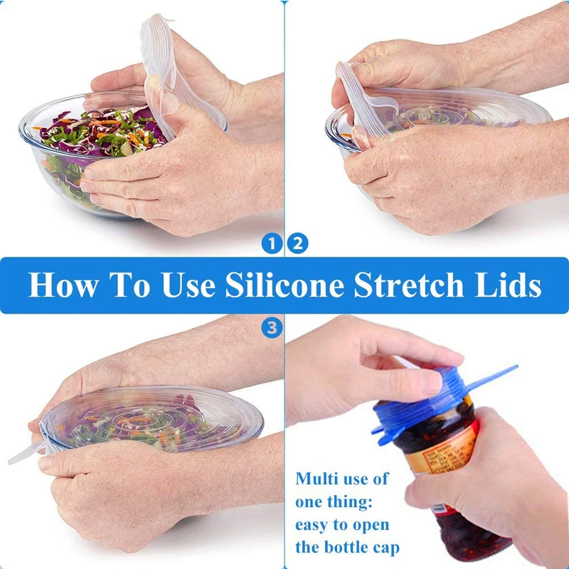 Reusable Silicone Stretch Lids Kitchen Fresh Keeping Covers Compression Universal Silicone Stretch Lids 6/12PCS