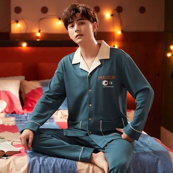 

Autumn and Spring Knitted Cotton Men's Pajamas Long-sleeved Cardigan Plus Size Home Service Suit Double-sided Pigiama Uomo 2020