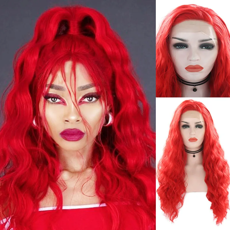 RONGDUOYI Heat Resistant Red Hair Synthetic Lace front Wig Long Deep