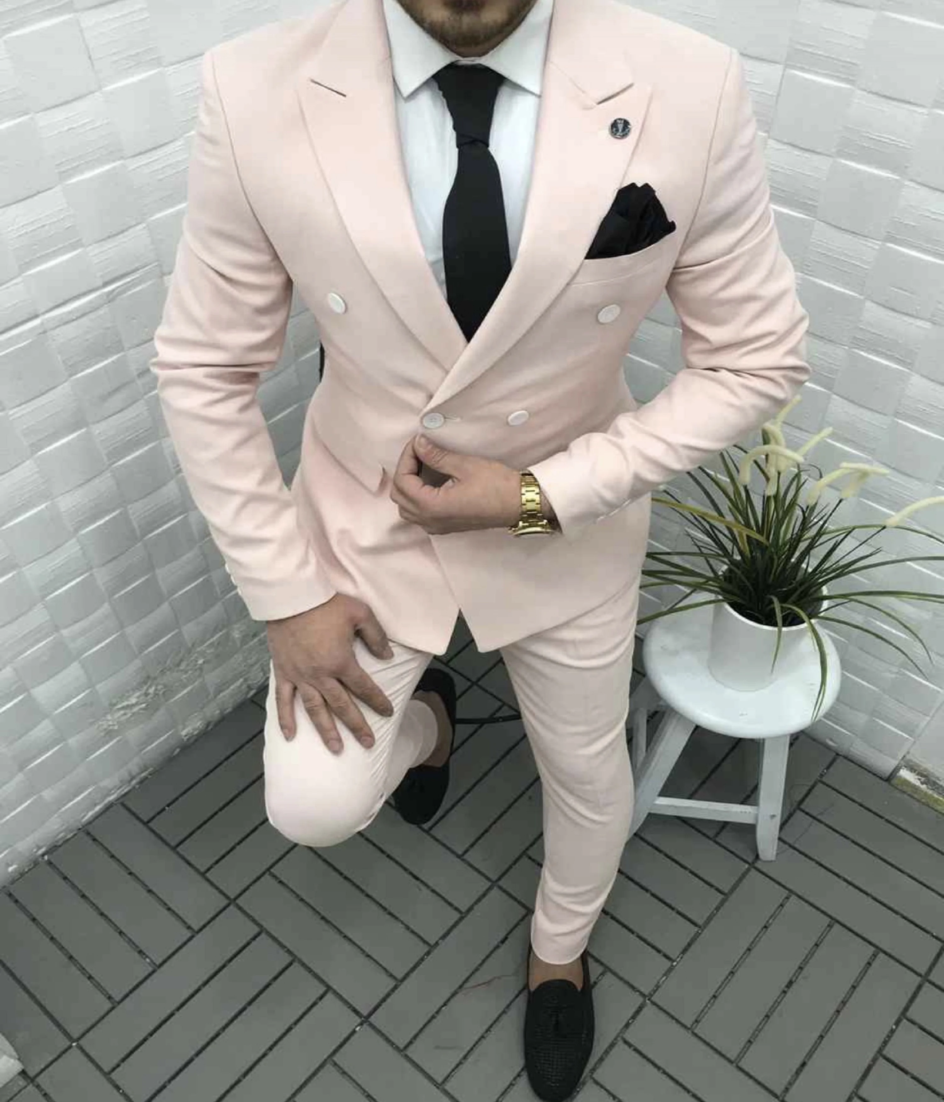 

Handsome Groomsmen Double-Breasted Groom Tuxedos Mens Wedding Dress Man Jacket Blazer Prom Dinner (Jacket+Pants+Tie) A098