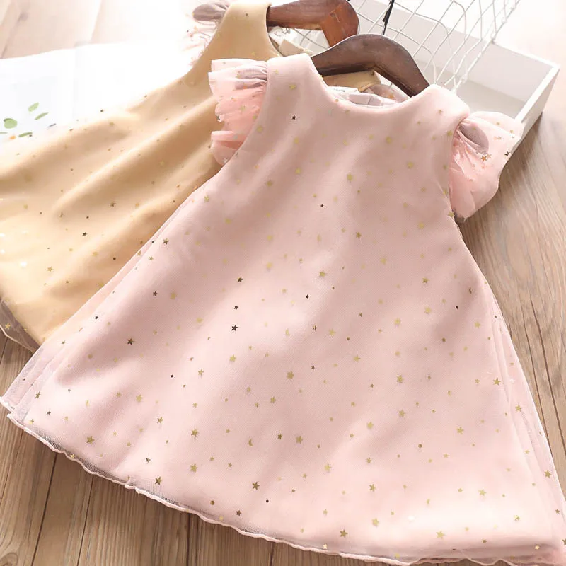 Princess Girls Stars Sequin Tulle Fly Sleeve Sweet Babe Dresses Candy Yellow Pink Color Ruffles Cute Kids Party Dresses