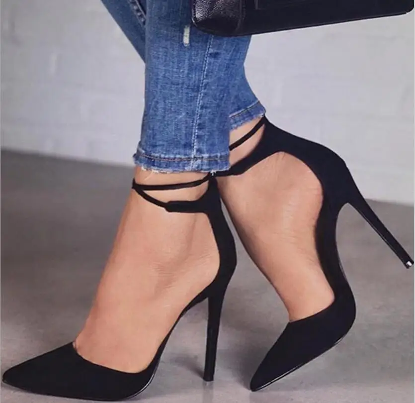 

New women high heels sexy pumps stiletto pointed toe party ankle strappy high heels black ladies wedding shoes