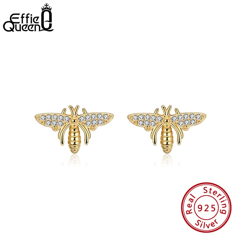 Effie queen настоящее Серебро S925 милые серьги гвоздики в форме пчел AAAA циркон женские