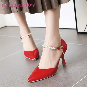 

Lasyarrow Women Shoes pointed toe thin high heels fashion party wedding shoes red black buckle strap womens pumps size 33-48