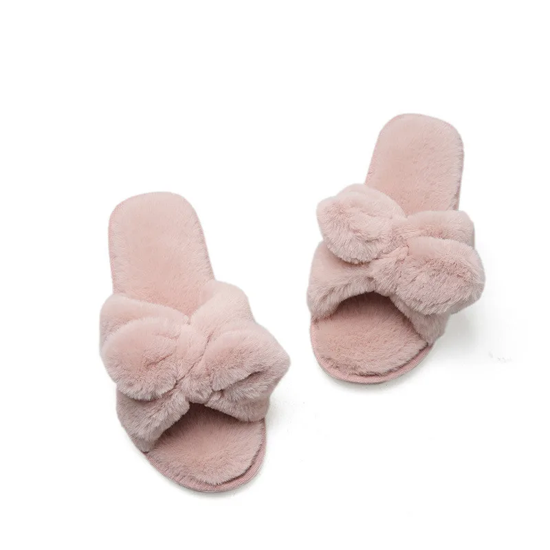 

winter slippers women Fluffy Slippers Shoes bowknot Fur Slippers Home Slides Sweet Cute Home Indoor Ladies Furry shoe