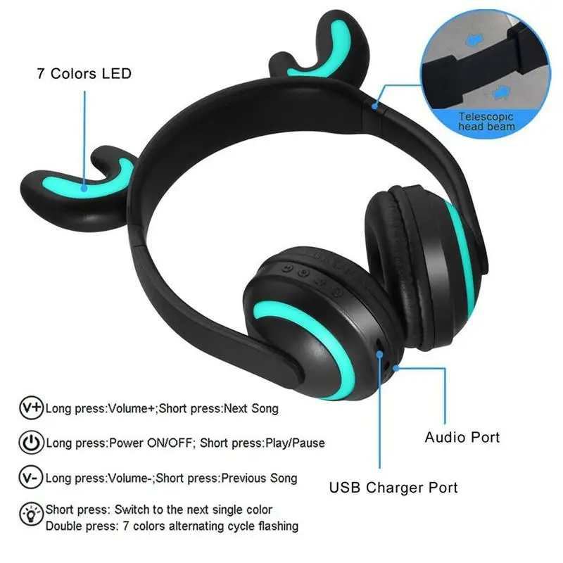 Гарнитура с креплением на голову, Bluetooth наушники с 7 цветами, мигающие светящиеся кошачьи наушники, беспроводные наушники для девочек, детские игровые наушники