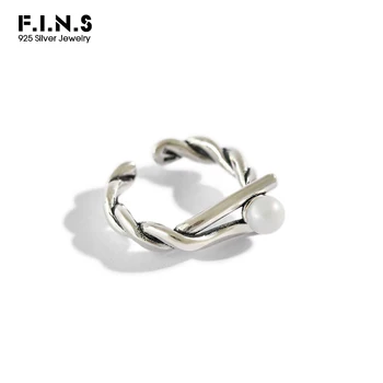 

F.I.N.S Pure S925 Sterling Silver Ring Retro Twist Simulated Pearl Rings for Women Open Silver 925 Ring Korean Fashion Jewelry