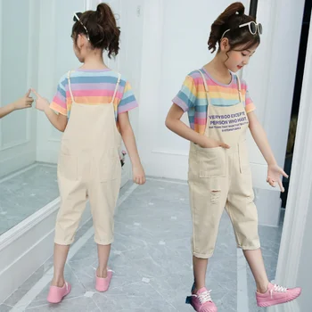

For 6 8 10 12 14 Yeas Girls Summer Cloths Outfits SKids Girls Clothes Set Striped T-Shirts Tops Overalls Jeans Skirts Outfits