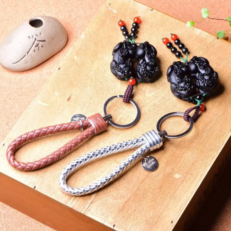 

New style pure natural obsidian double brave key chain bag buckle safe safety pendant ladies accessories