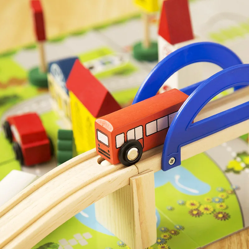 Wooden Trains Track Spiral Track City Traffic Building Kits Educational Toy 