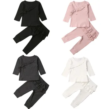 

Lovely Toddler Infant Baby Girls Autumn Clothes Ruffle Knitted Long Sleeve T-shirts Leggings Pants Baby Sleepwear Clothing