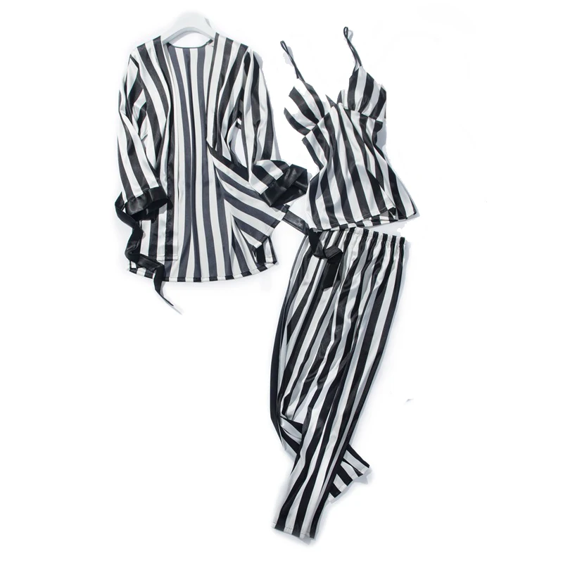 Women's 3 Pieces Pajamas Sets Emulation Silk Striped Pyjama Women Sleepwear Sets Spring Summer Autumn Homewear
