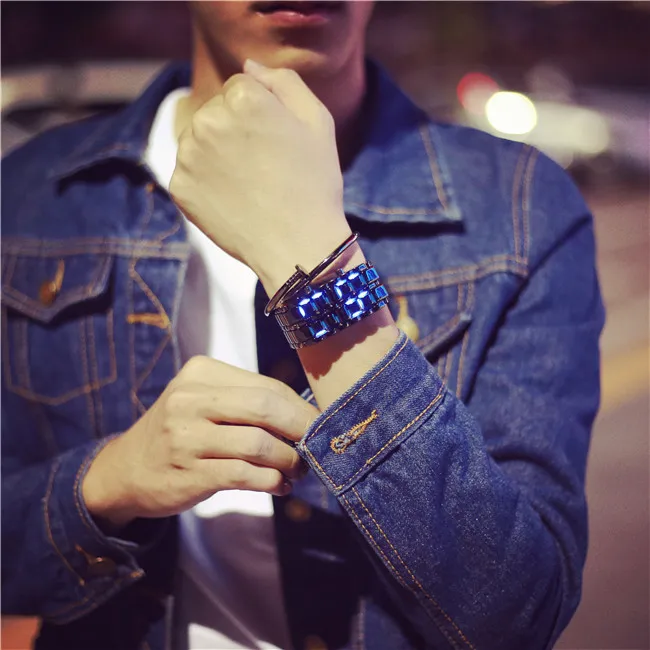 Творческий светодиодный свет Для мужчин Для женщин Цифровые наручные часы корейский стиль мужской женский электронные часы модные Повседневное Пара часы-браслет - Цвет: black blue 25mm
