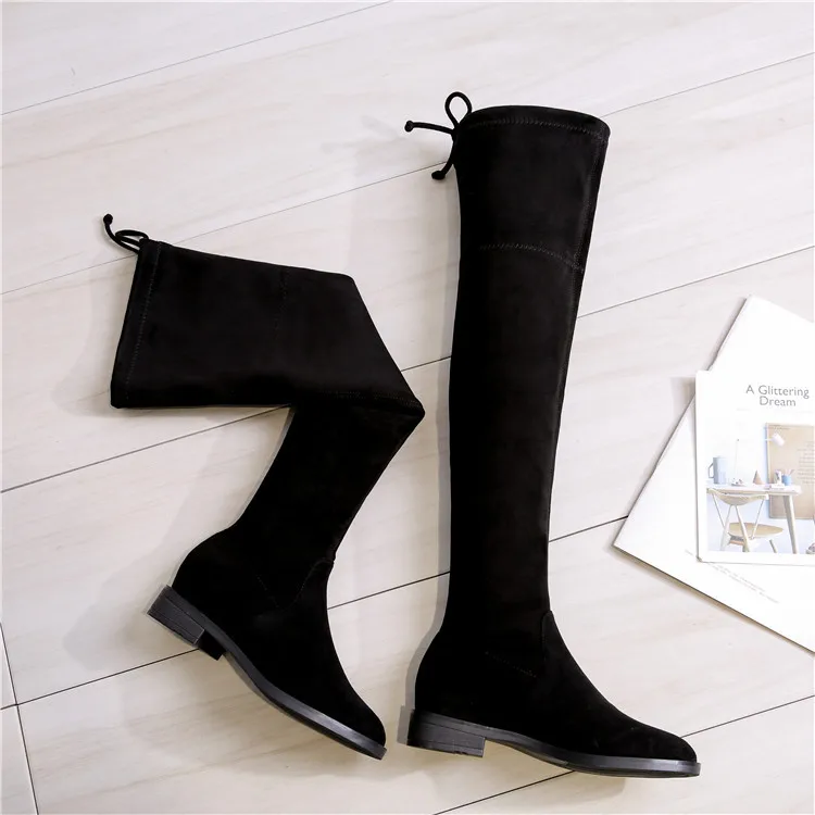 Stovepipe/Сапоги женские эластичные сапоги выше колена; botas; зимние Бархатные на плоской подошве золотого цвета; Ботинки Челси с круглым носком; женские узкие сапоги с перекрестной шнуровкой
