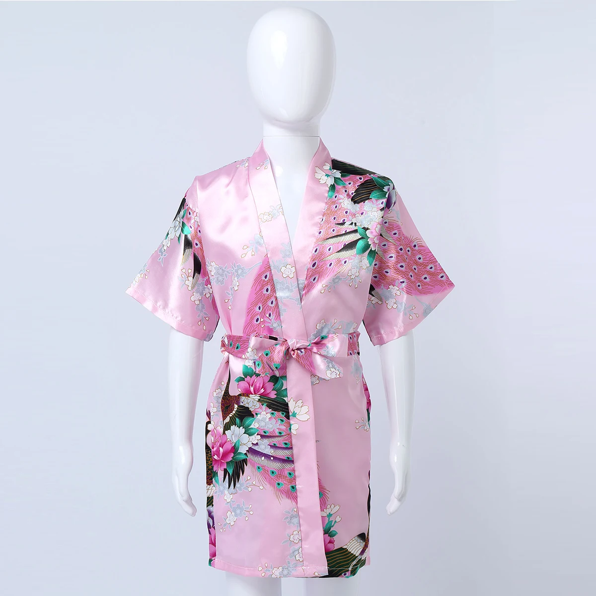 Girls Satin Kimono Robe Kids Sleepwear Peacock Flower Printed Children Bathrobe Nightgown Robe For Spa Party Wedding Birthday
