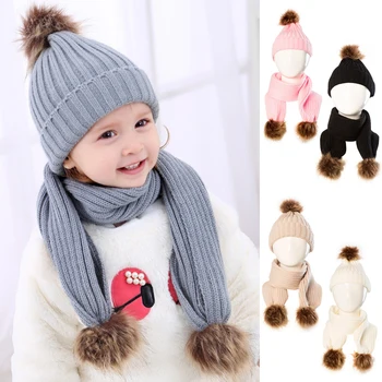 

2020 Two Pieces Hat Scarf Set Beanie Cap Children's Hats Girls Caps Fake Ball Pompon Keep Warm Winter Knitted Skullies Kids Bone