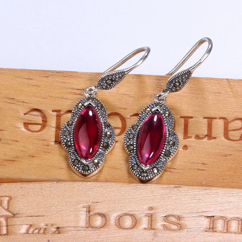 

JSH Thai Silver Retro Crystal Red Corundum Mother GIRL'S Birthday Ear Stud 925 Silver Ruby Earrings Earrings