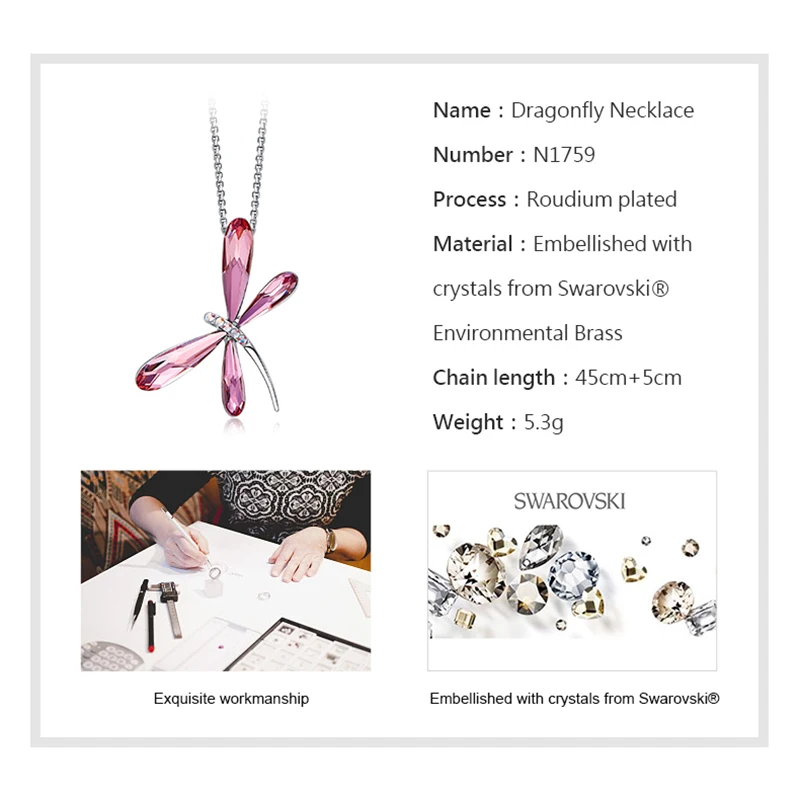 BOSCEN ожерелье с подвеской для женщин и девушек, подарок на день рождения, День Святого Валентина,, украшенное кристаллами Swarovski, розовая стрекоза