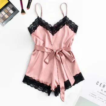 

Cute Summer 2020 Pjs Women Onsie Pajamas Nightwear Lace Trim Satin Cami Pyjamas Sets Home Clothes Sexy Lingerie Pijama Mujer