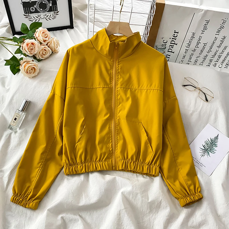 Spring Autumn Baseball Coat Women 2021 Casual Loose Stand Collar Ultraviolet Sunscreen Thin Coat Solid Simple Zipper Jacket ladies summer thin fingerless half finger riding driving non slip touch screen anti ultraviolet sunscreen gloves women