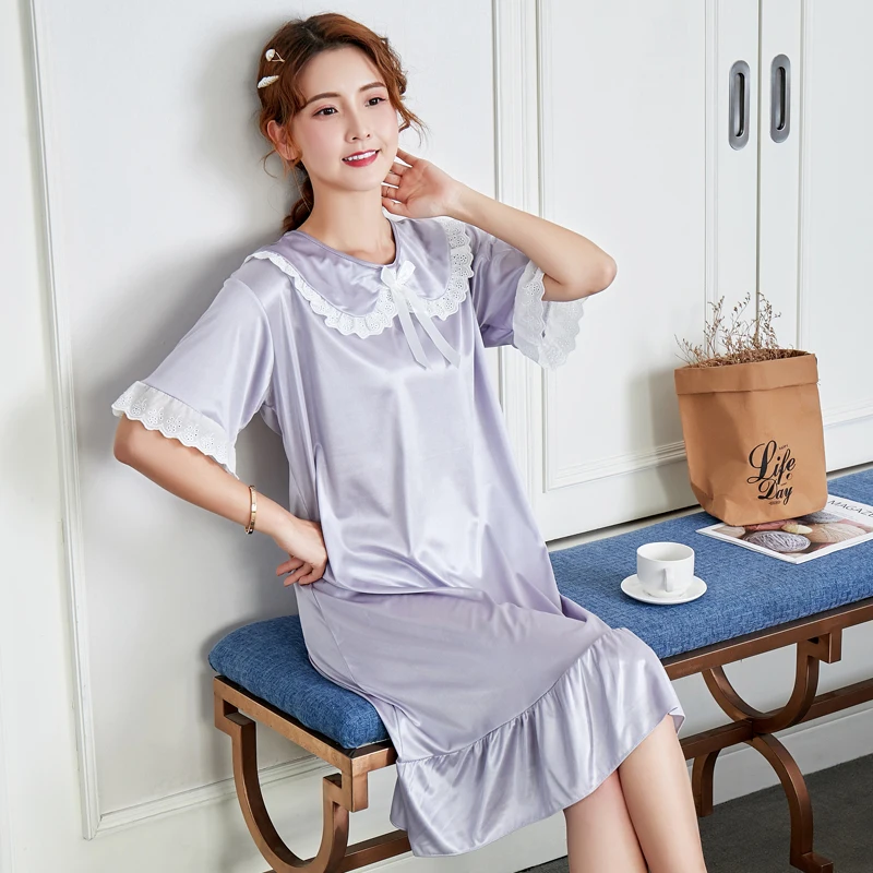 Summer Cute Ice Silk Nightgown Women Patchwork Short Sleeve Lace Nightwear Lady Girl Bath Mujer Sweet Sleepwear Night Home Wear