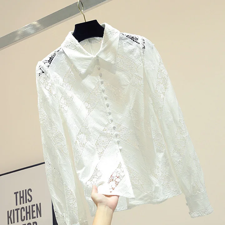 white stitching Lace shirt female early autumn outfit new Korean version of loose long sleeve design sense minority shirt