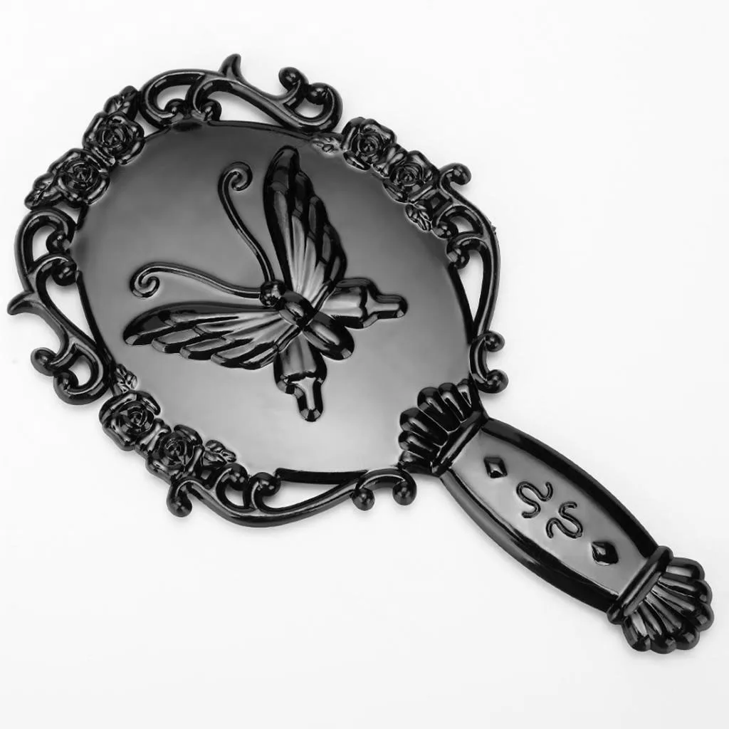 Vintage Style Oval Antique Design Mirror Handheld Makeup Mirrors with Handle Butterfly Engraved  - 18.5 x 10.5 cm