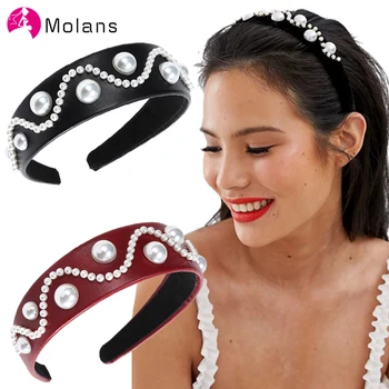 

MOLANS 2020 PU Leather Headbands with Pearls Embellishment Solid Wave Pattern Hairbands for Women Wide Faux Leathers Headbands