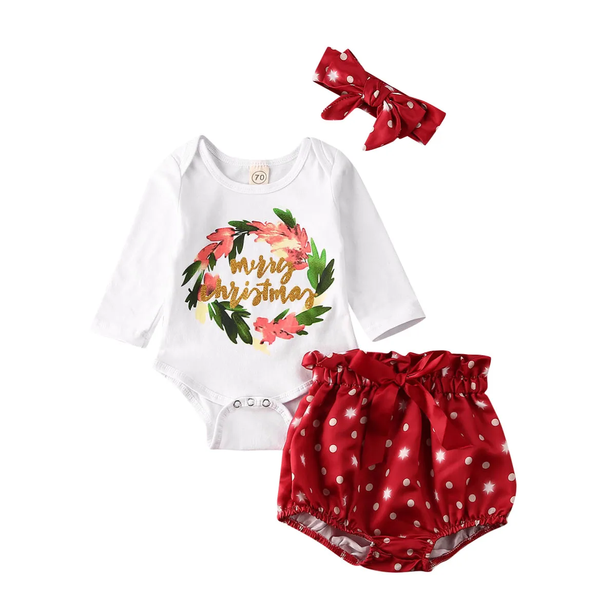 Г. Новогодний комплект одежды для маленьких девочек, Рождественская Одежда для новорожденных девочек Комбинезон с цветочным рисунком+ красные шорты с бантом Рождественские наряды