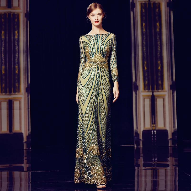 green BacklakeGirls/вечернее платье с блестками с длинными рукавами высокого класса Vestido De Ver O Vestido De Noite Casamento на молнии сзади - Цвет: green