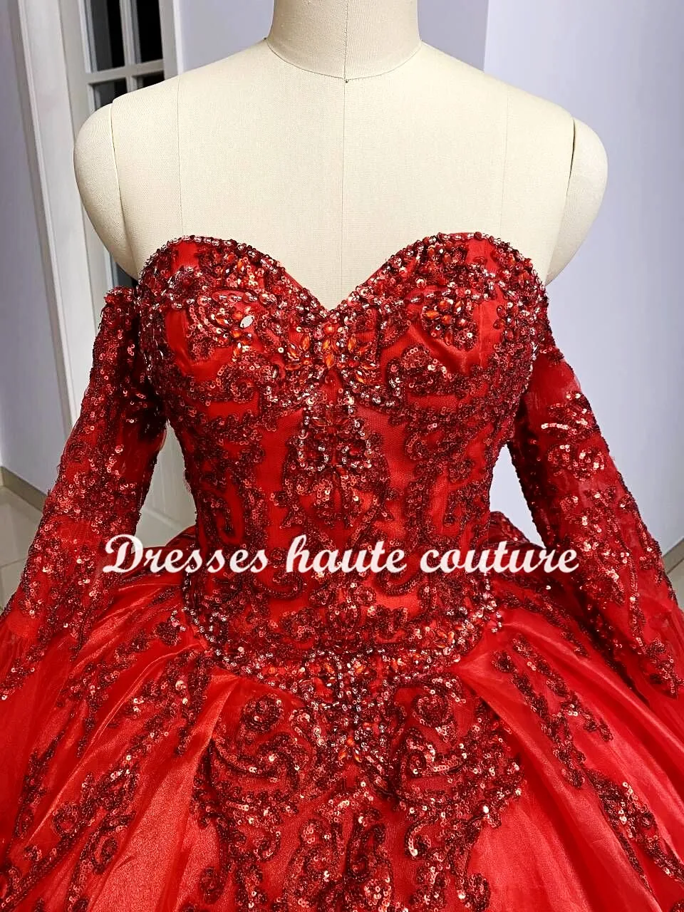 Real Photos Red Organza Quinceanera Dress Sequined Applique Beaded Sweetheart Sweet 16 Dress Mexican Girl Birthday Gown