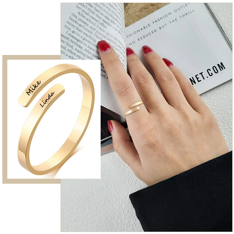 Anillos de nombres grabados para mujer, joyería elegante de personalización gratis, tamaño ajustable, Simple, de acero inoxidable, regalos de aniversario personalizados