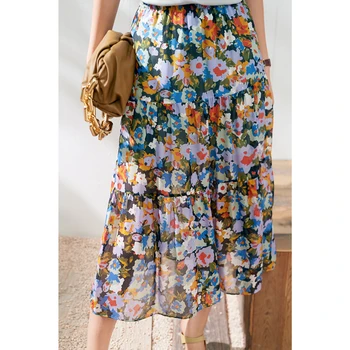 

Floral Women's Midi Skirt 2020 New Summer High Waist a-line Layered Ruffles Pleated Long Skirts