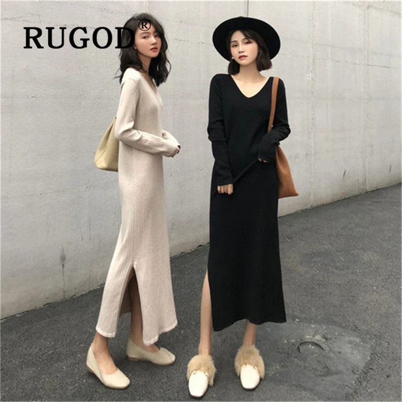 RUGOD корейское трикотажное платье свитер женское элегантное в полоску ямы с