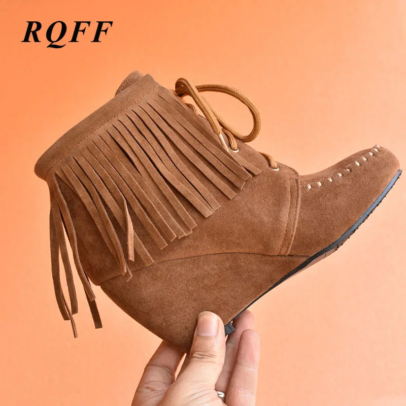 

RQFF Fringe Ankle Boots Woman Plus Size 34-46 Womens Yellow Brown Black Shoes 2019 New Autumn Winter Fashion Wedge 7cm Heel Boot