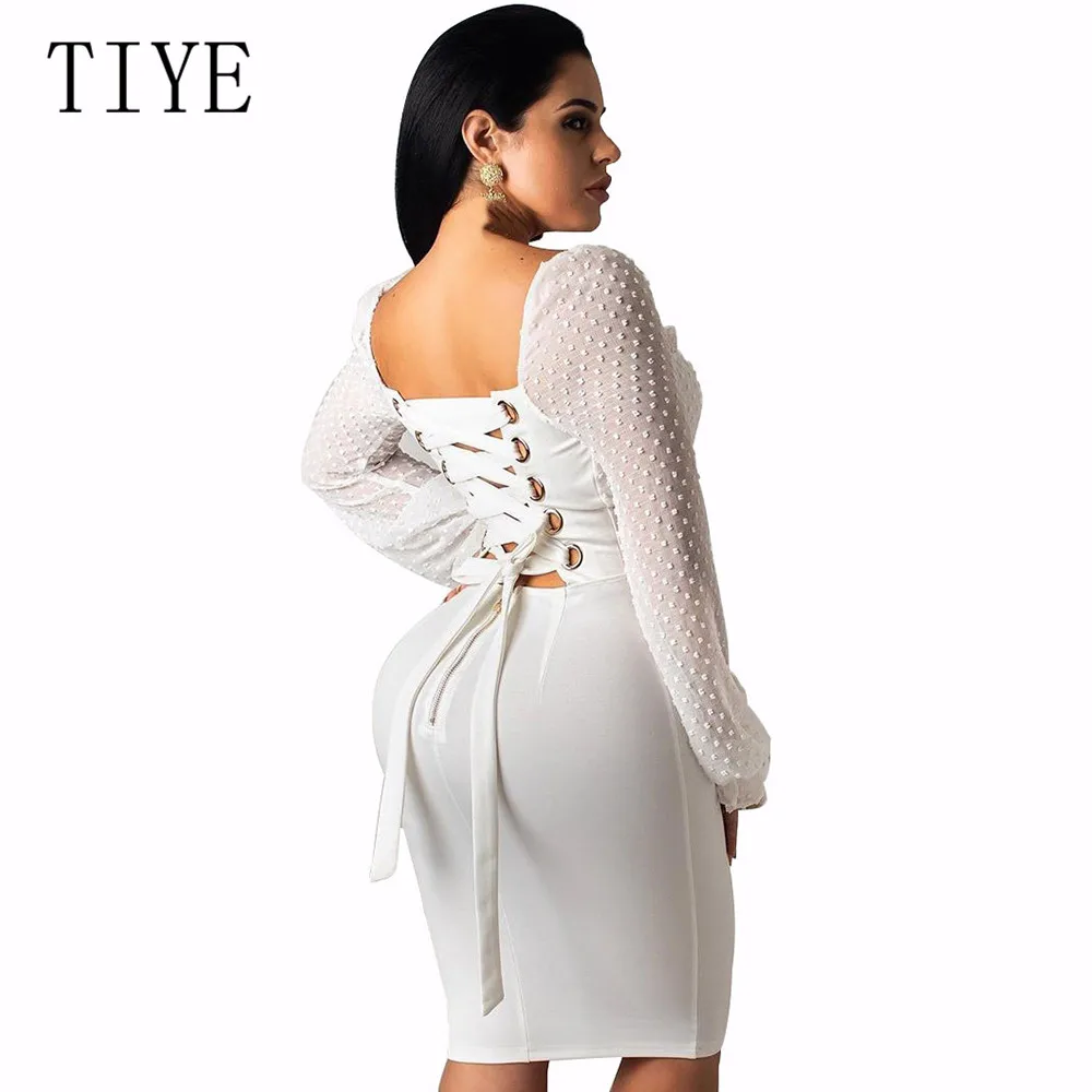 

TIYE Women Dots Mesh Splicing Back Cross Lace-Up Chiffon Dress Autumn Long Sleeve White Tight Dress Slim Fit Solid Party Dresses