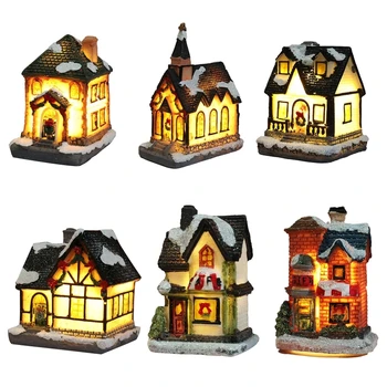 

Christmas Decoration Ornaments Luminous Resin Cottage with Lamps European Style Mini Small House Scene Layout Decor Prop