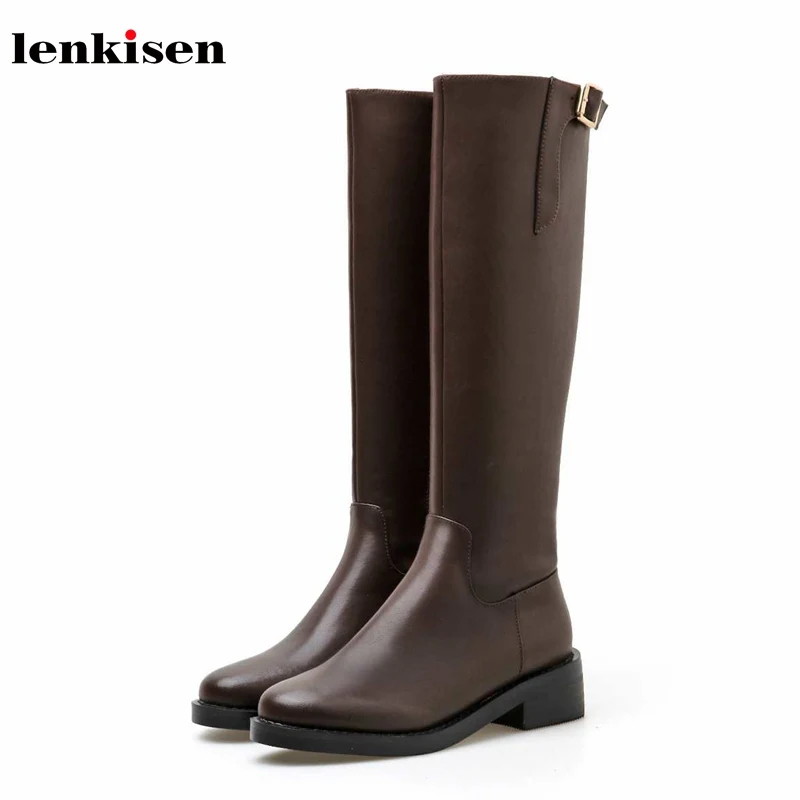 

Lenkisen hot concise style riding boots genuine leather round toe med heelsr belt buckle winter warm women knee high boots L72