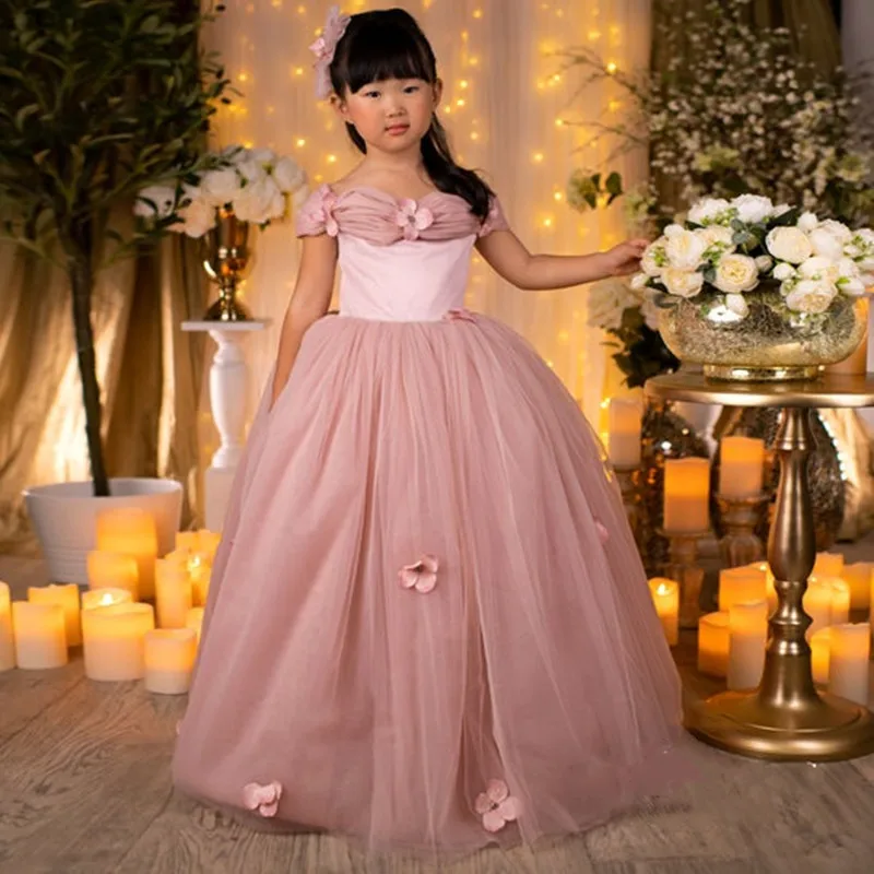 

New Blush Flower Girl Dress for Wedding Off the Shoulder Tulle Ruffles Cotton Lining Girls Birthday Party Gown
