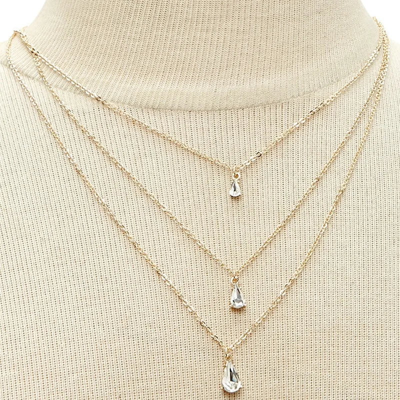 Simple Trend Chain Imitation Crystal Drop Pendant Necklace Collar Multilayer Necklaces for Women Fashion Neck Jewelry XL1130 | Украшения и