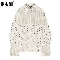 [EAM] Женская плиссированная шифоновая блузка в горошек с принтом новая свободная рубашка с длинными рукавами и отворотом модная