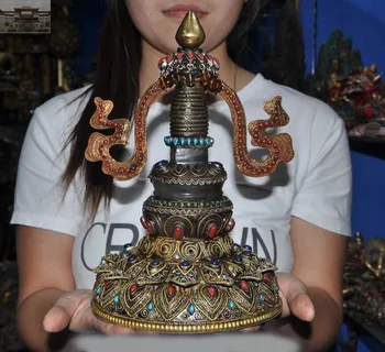 

christmas Old Tibet Nepal Silver Filigree Crystal inlay Turquoise Gem Tower pagoda stupa New Year