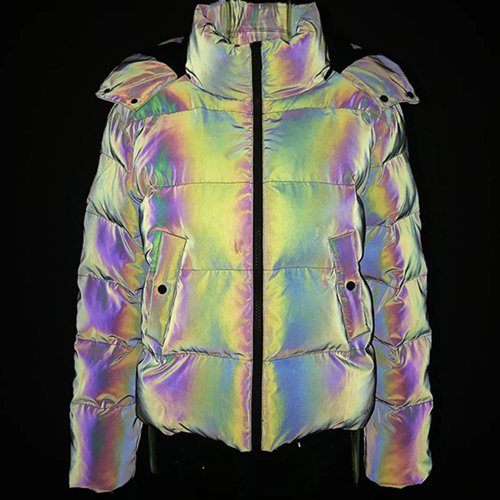 Winter Women Rainbow Reflective Horn Hooded Parkas Down Bubble