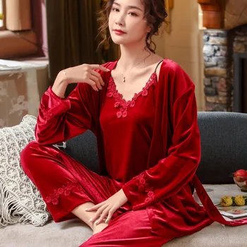 

New Women's Pajamas Set velvet Sexy Deep V Lace 3-piece Nightgown Robe Set Home Wear Clothes Sleepwear Pijamas Para Mujer