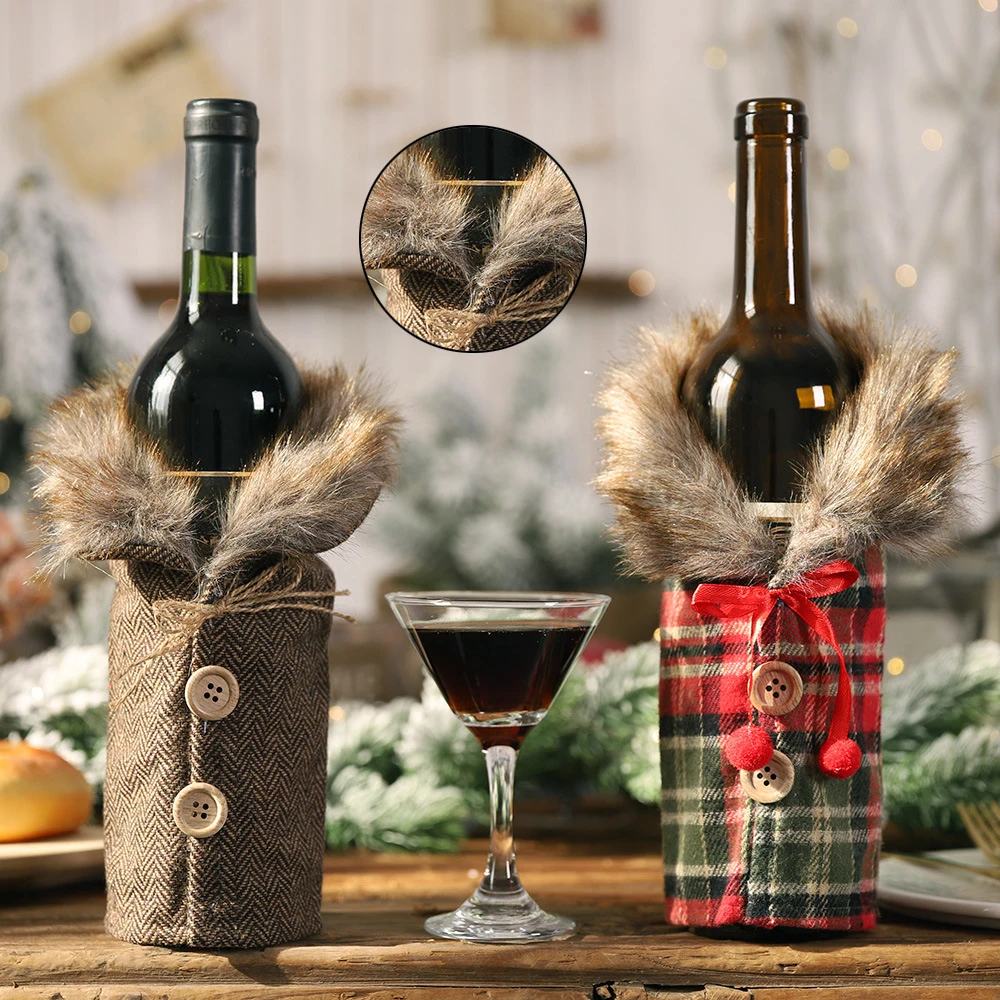 

2019 New Christmas Wine Bottle Decoration Table Striped Plaid Skirt Household Goods Wine Bottle Set Christmas Gifts Bag Cover