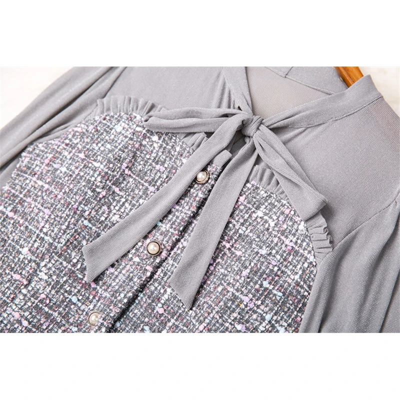 Элегантное твидовое шерстяное платье с бантом и длинным рукавом из тюля в стиле пэчворк, модное весеннее платье для подиума, женская одежда Vestidos